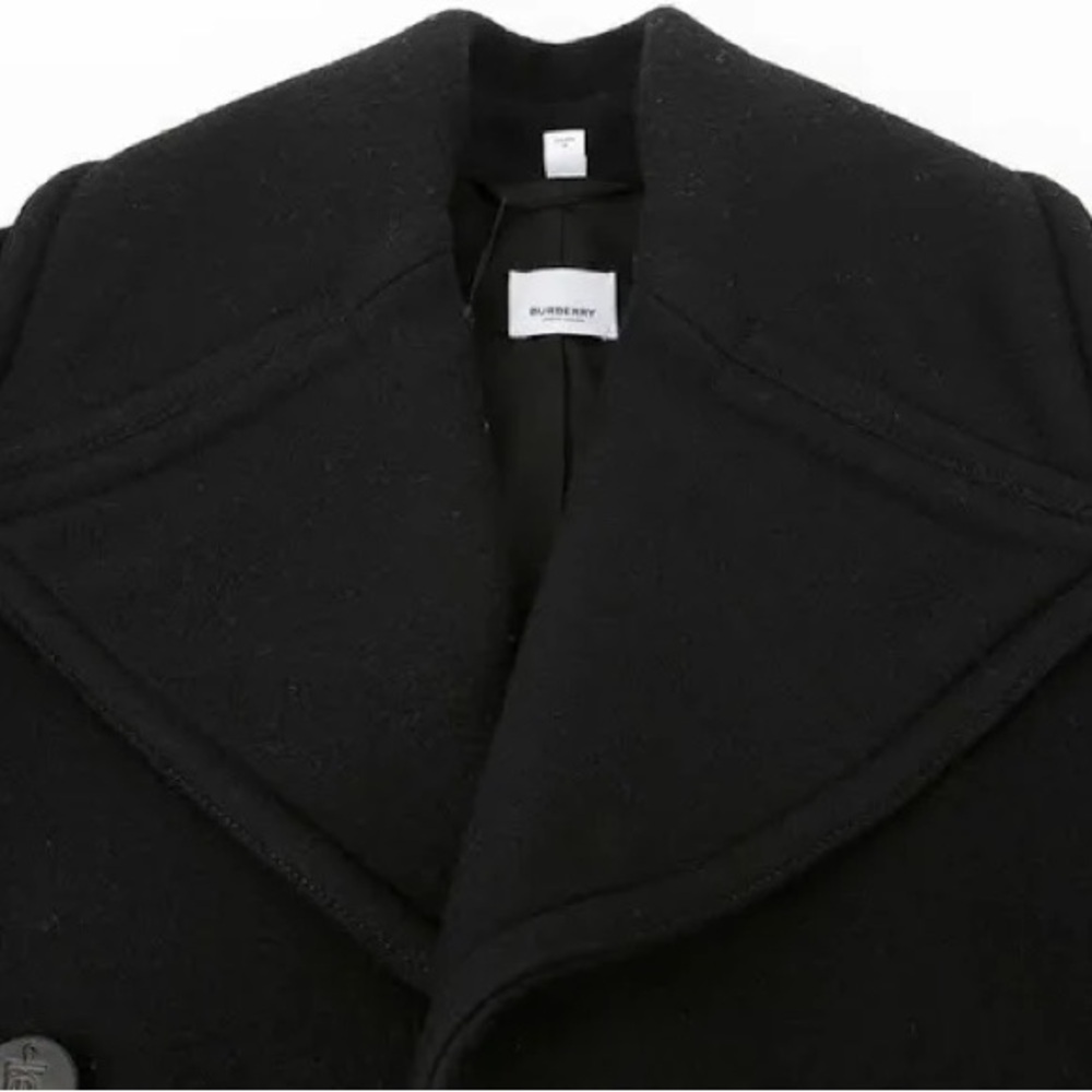 BURBERRY Wool Coat Oversized Notched Collar Leather Trim Black - Picture 6 of 11